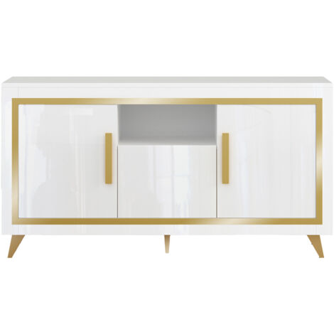 JEMMA - Buffet 3 Portes Laqué Blanc et Décor Doré avec Leds