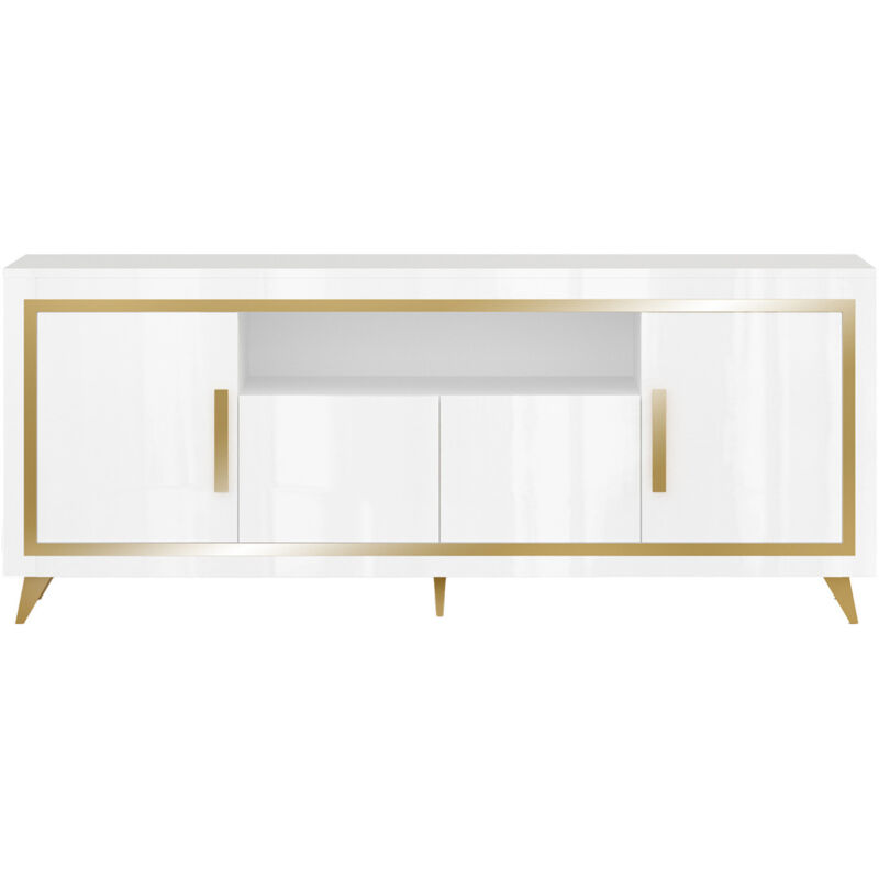 Altobuy - jemma - Buffet 4 Portes Laqué Blanc et Décor Doré avec Leds