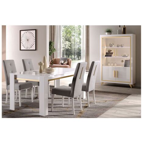 JEMMA - Ensemble Séjour Blanc Décor Doré Table 160cm + Vitrine avec Leds