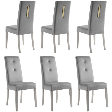 JEMMA - Lot de 6 Chaises Suédine Grise Détail Doré et Bois Gris
