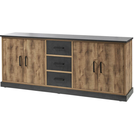 JENNA - Buffet 4 Portes 3 Tiroirs Aspect Bois et Métal Noir