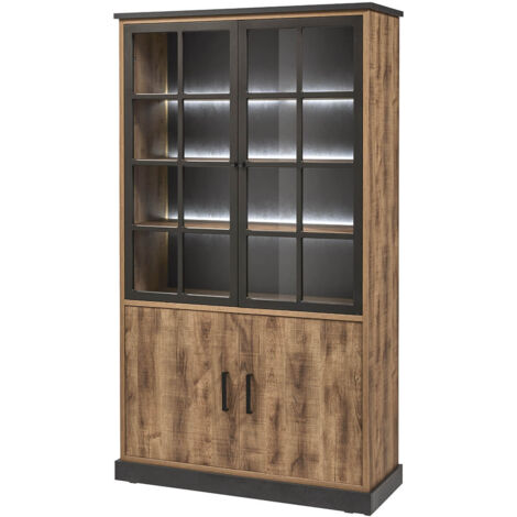 JENNA - Vitrine 4 Portes Aspect Bois et Métal Poudré Noir