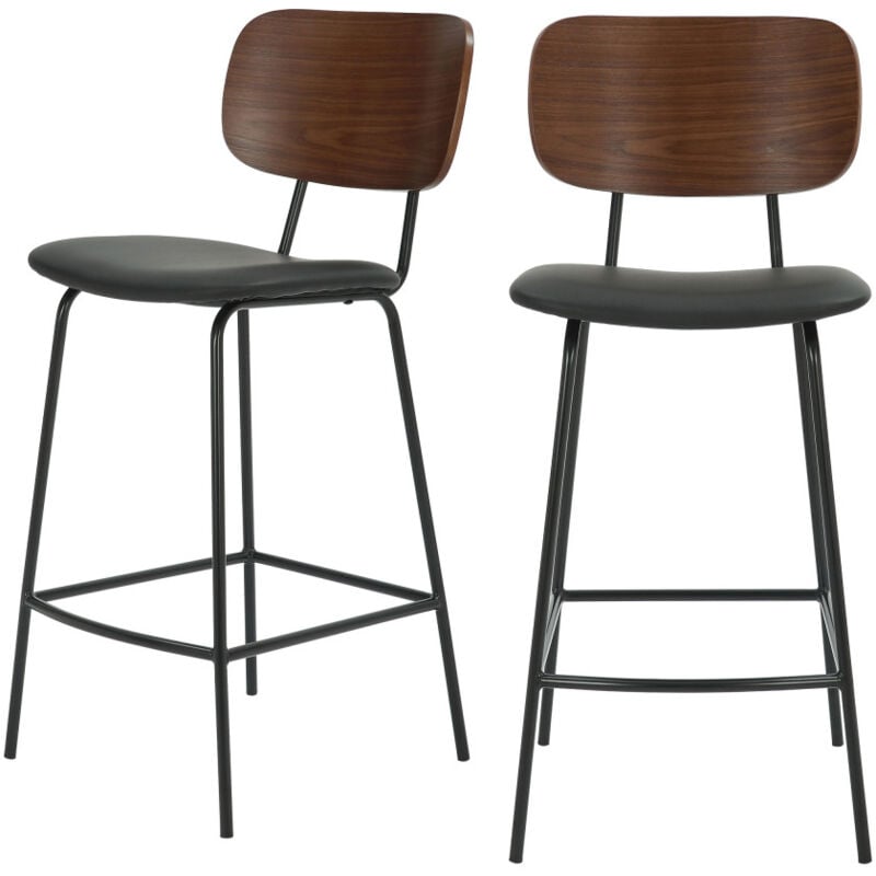Drawer - Lot de 2 chaises de bar en bois foncé, simili et métal H66cm - Noir - Jens
