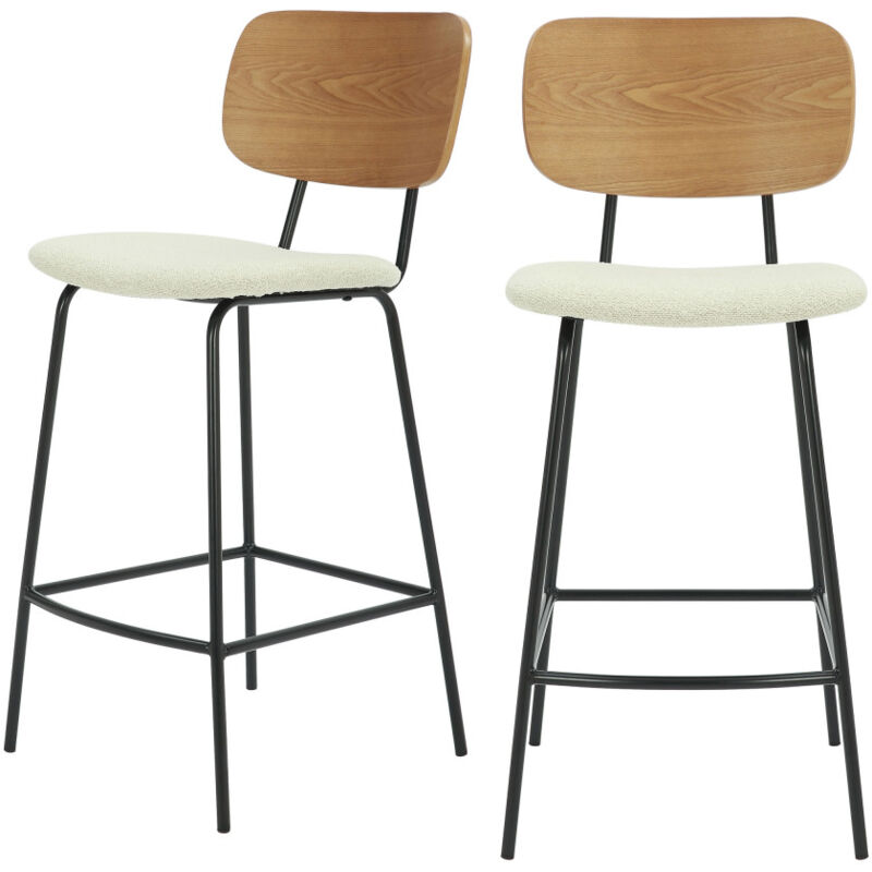 Drawer - Lot de 2 chaises de bar en bois, tissu bouclette et métal H66cm - Écru - Jens