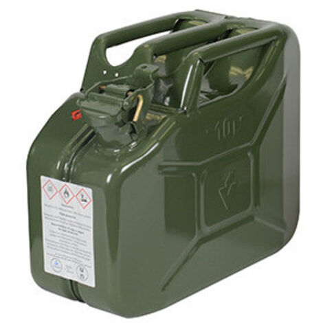 Jerrican métallique 10 litres. Peinture extérieure à la poudre couleur vert armée. Traitement intéri