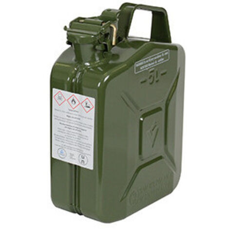Jerrican métallique 5 litres. Peinture extérieure à la poudre couleur vert armée. Traitement intérieur antirouille et résistant