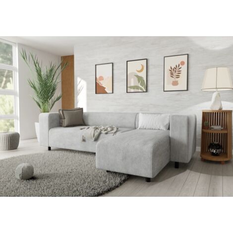 Jesper - Modernes Ecksofa mit Ottomane aus Hellgrau Cord-Stoff mit bequemem Sitz
