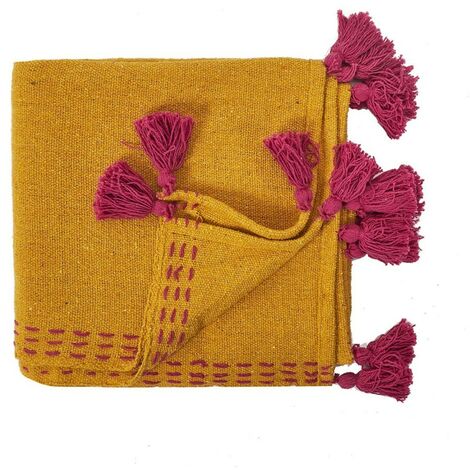 Jeté de canapé surpiqué pompons jaune 130x150 cm