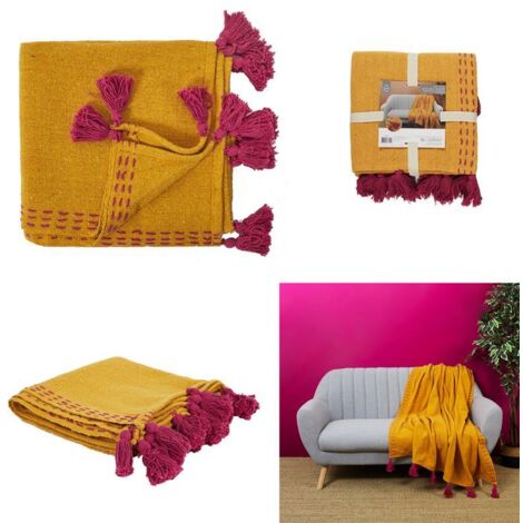 Jete De Canape Surpique Pompons Jaune 130x150cm