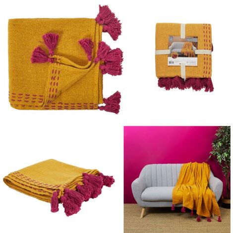 JETE DE CANAPE SURPIQUE POMPONS JAUNE 130X150CM - ROSE