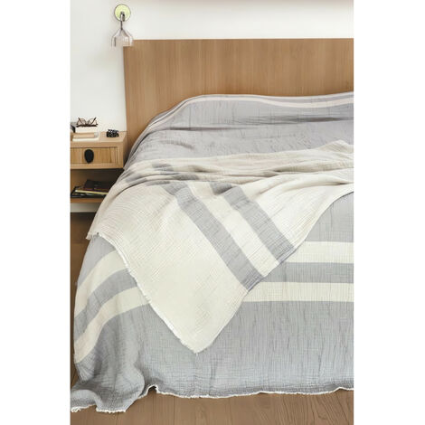 Jeté de lit 230x250 cm en coton gaufré PIENZA naturel et eau de bleu, par Toison d'or