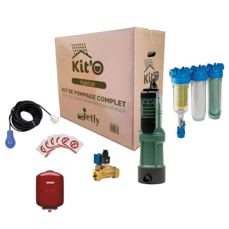 Jetly – Pompe immergée automatique pour récupérateur d'eau de pluie – Débit 3,5m³/h – Pression jusqu'à 4,5 bars – Kit complet avec filtre et réservoir 5L