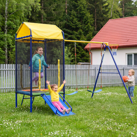 Jeu combiné extérieur 4 en 1, trampoline + balançoire double + toboggan + panier basketball, cadre fer, 3-8 ans