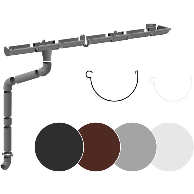 Jeu complet de gouttières Surfaces de toit 100m² pvc en 4 couleurs Rainway 130: gris, Ensemble complet - 4 mètres