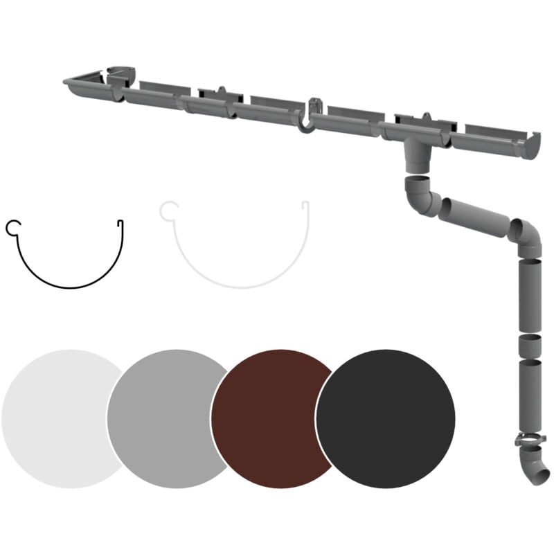 Jeu complet de gouttières Surfaces de toit 100m² PVC en 4 couleurs RainWay90: gris, Ensemble complet - 2 mètres