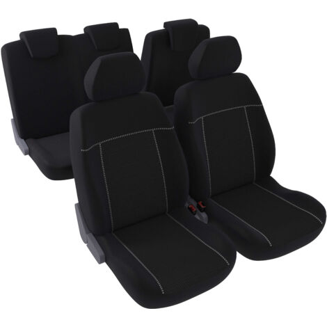Jeu complet de housses de sièges - Universelles - Voiture/Auto - Arrière 2/3-1/3 - Tissu noir avec surpiqure blanche