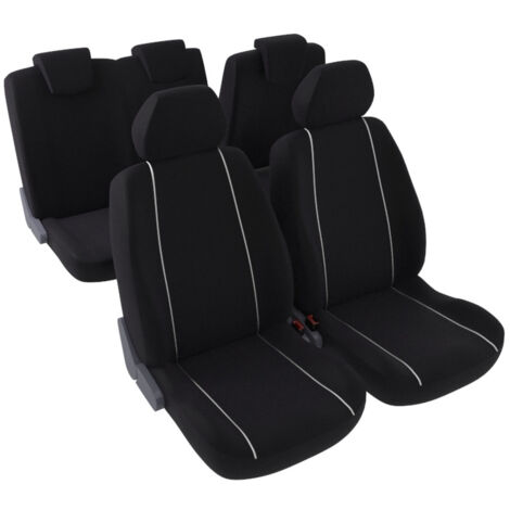 Jeu complet de housses de sièges - Universelles - Voiture/Auto - Lavable - Avant / Arrière 2/3-1/3 - Tissu noir avec joncs blancs
