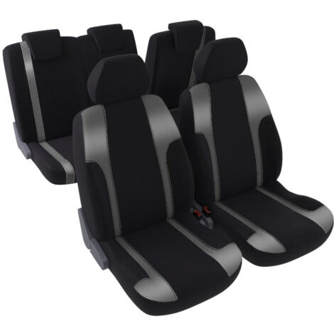 Jeu complet de housses de sièges - Universelles - Voiture/Auto - Lavable - Avant / Arrière 2/3-1/3 - Tissu noir / gris métallisé