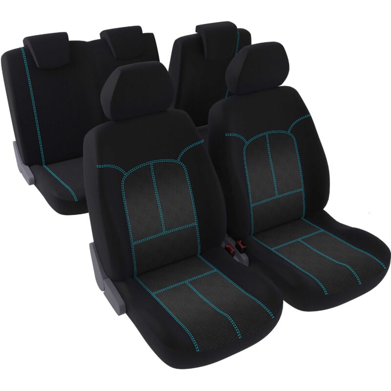 Jeu complet de housses de sièges - Universelles - Voiture/Auto - Lavable - Avant / Arrière 2/3-1/3 - Tissu noir avec surpiqure bleue