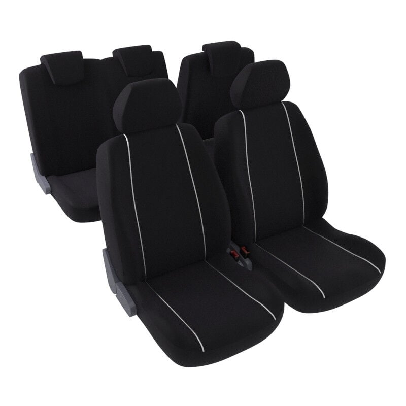 Jeu complet de housses de sièges - Universelles - Voiture/Auto - Lavable - Avant / Arrière 2/3-1/3 - Tissu noir avec joncs blancs