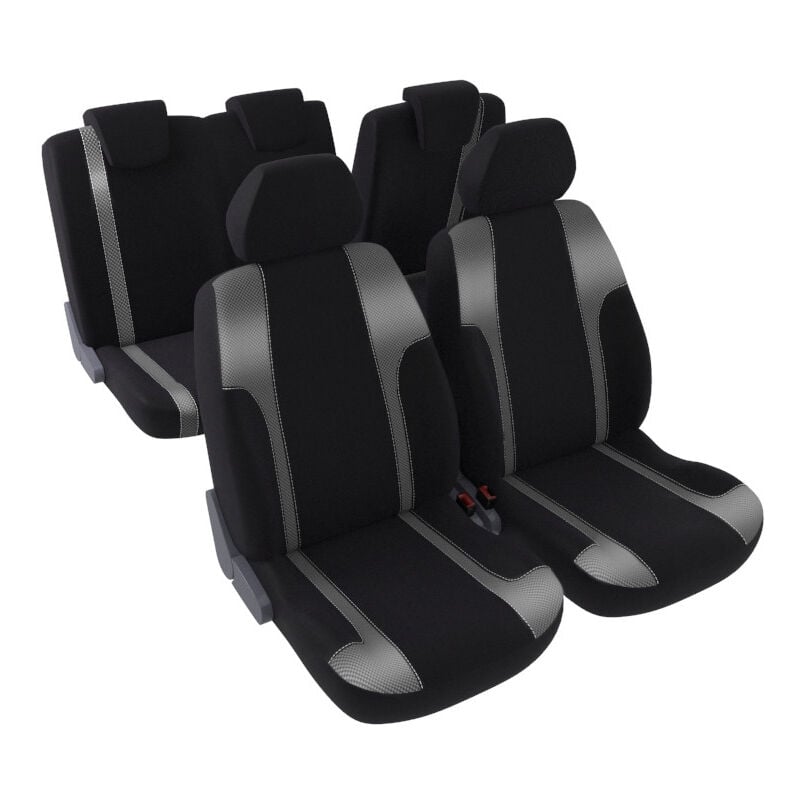 Jeu complet de housses de sièges - Universelles - Voiture/Auto - Lavable - Avant / Arrière 2/3-1/3 - Tissu noir / gris métallisé