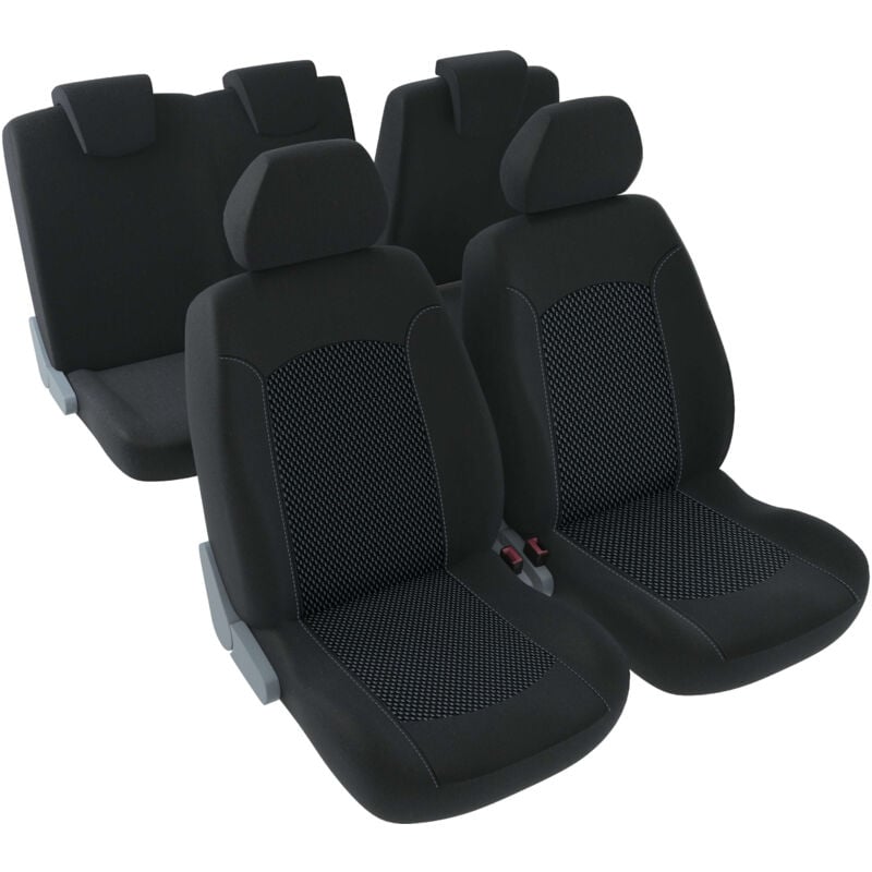 Jeu complet de housses de sièges - Universelles - Voiture/Auto - Lavable - Avant / Arrière 2/3-1/3 - Tissu noir avec surpiqure claire