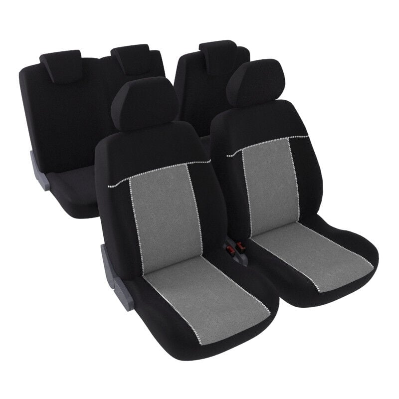 Jeu complet de housses de sièges - Universelles - Voiture/Auto - Lavable - Avant / Arrière 2/3-1/3 - Tissu noir / gris avec surpiqure blanche