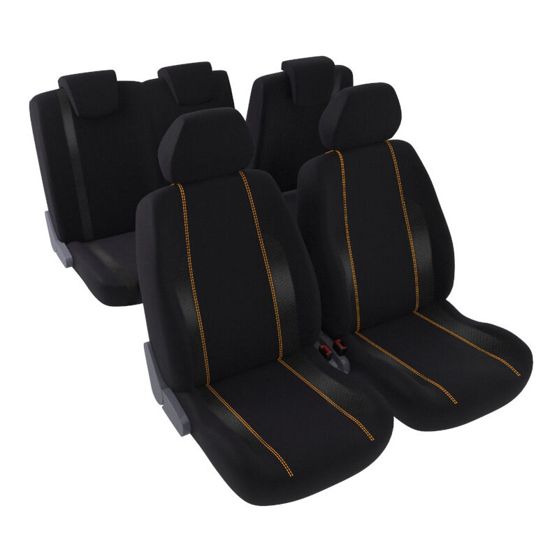 Jeu complet de housses de sièges - Universelles - Voiture/Auto - Lavable - Avant / Arrière 2/3-1/3 - Tissu noir avec surpiqure orange