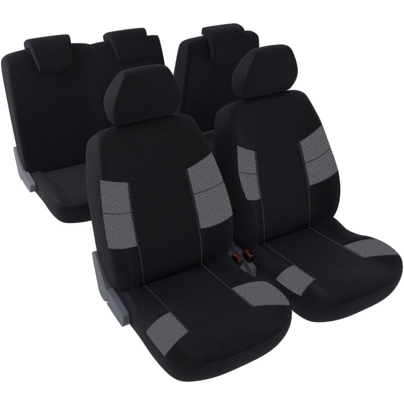 Jeu complet de housses de sièges - Universelles - Voiture/Auto - Lavable - Avant / Arrière 2/3-1/3 - Tissu noir / gris avec surpiqure grise