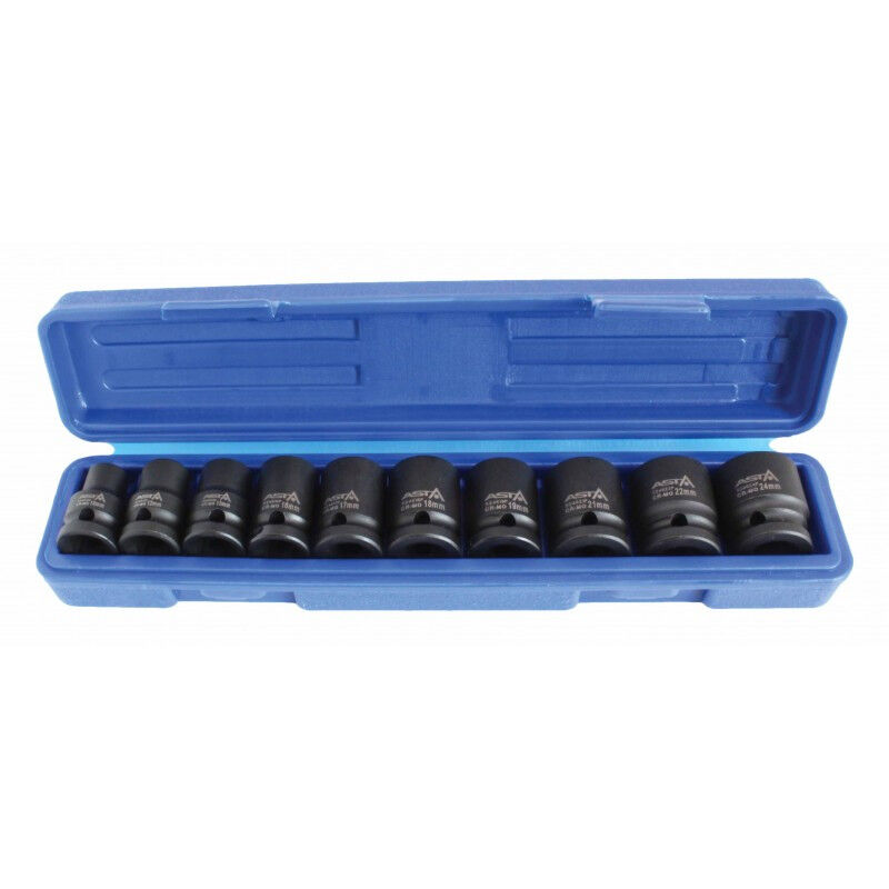 Asta - Jeu de 10 douilles a choc impact courtes 6 pans carre 1/2 de 10 à 24 mm