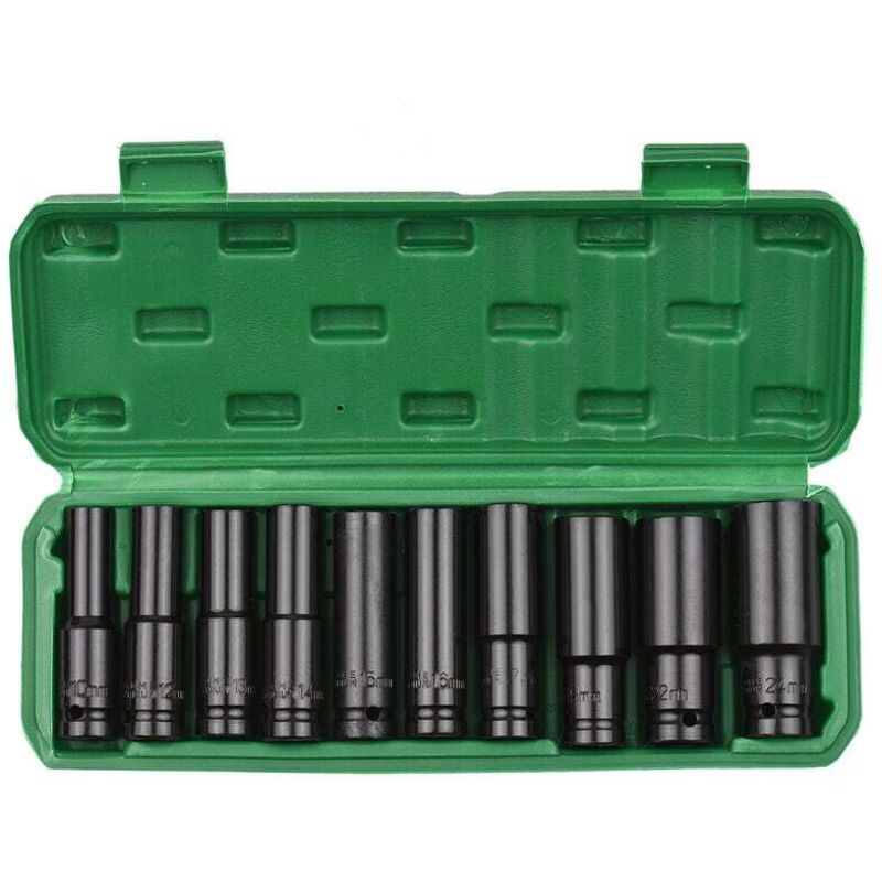 CCYKXA Jeu de 10 douilles à chocs hexagonales à entraînement 1/2', douilles profondes métriques, 10-24 mm avec étui de rangement