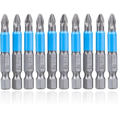 Jeu de 10 embouts de burin magnétiques PH2 à tête cruciforme de 50 mm, antidérapants et à queue hexagonale, pour perceuse et visseuse électrique.-AquaForge