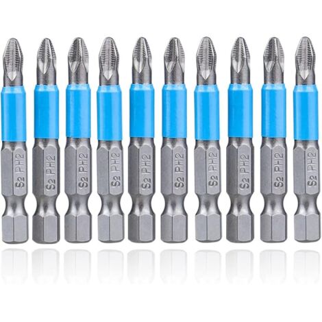 Jeu de 10 Embouts de Tournevis à Percussion Antidérapant 50mm Embout de Tournevis à Tête Cruciforme PH2 Magnétique Embout à Tige Hexagonale Bit Set pour Perceuse et Tournevis Électrique