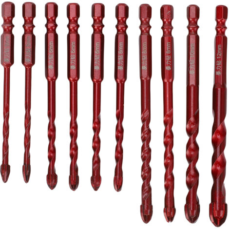 Jeu de 10 forets à béton de 5 à 12 mm (3/16 po, 1/2 po, 1/4 po), queue hexagonale, en céramique, pour bois et plastique