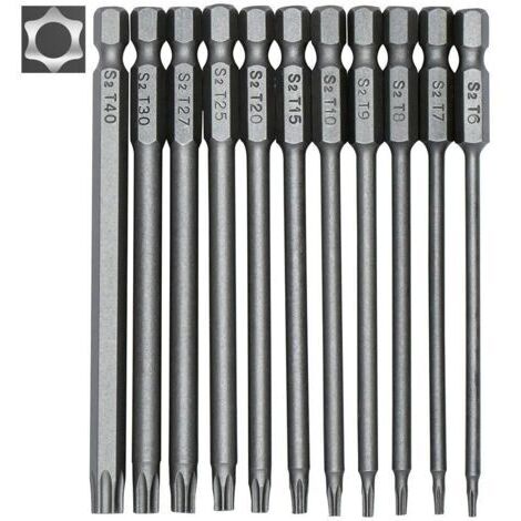 Jeu de 11 embouts longs Torx pour tournevis et visseuse électrique - Embouts magnétiques - Tige hexagonale de 1/4" - Tailles T6 à T40 - Longueur 100 mm