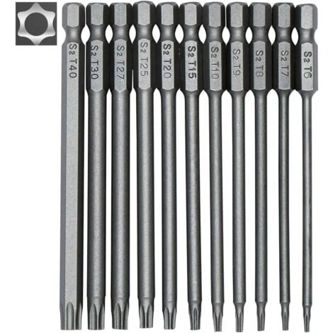 RNEMITERY Jeu de 11 embouts longs Torx pour tournevis et visseuse électrique - Embouts magnétiques - Tige hexagonale de 1/4" - Tailles T6 à T40 - Longueur 100 mm