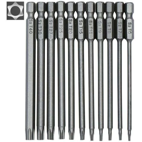 Jeu de 11 embouts longs Torx pour tournevis et visseuse électrique - Embouts magnétiques - Tige hexagonale de 1/4" - Tailles T6 à T40 - Longueur 100 mm