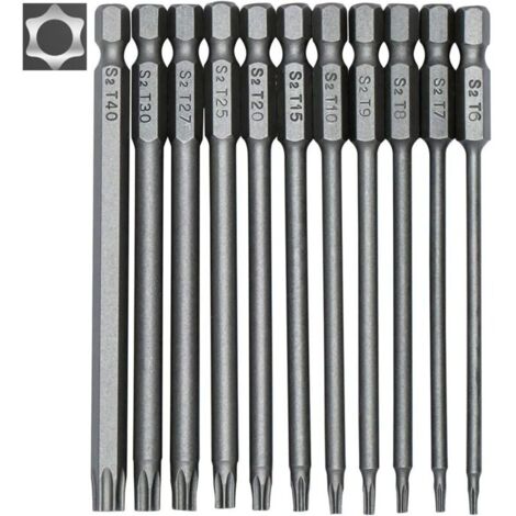 Jeu de 11 embouts longs Torx pour tournevis et visseuse électrique - Embouts magnétiques - Tige hexagonale de 1/4" - Tailles T6 à T40 - Longueur 100 mm