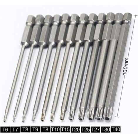 Jeu de 11 embouts longs Torx pour tournevis et visseuse électrique - Embouts magnétiques - Tige hexagonale de 1/4" - Tailles T6 à T40 - Longueur 100 mm
