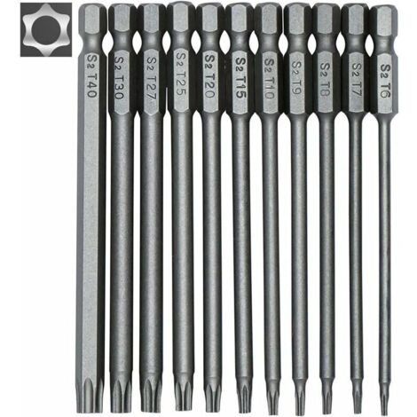 Jeu de 11 embouts longs Torx pour tournevis et visseuse électrique - Embouts magnétiques - Tige hexagonale de 1/4 - Tailles T6 à T40 - Longueur 100 mm