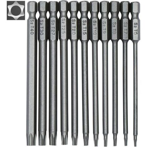 Jeu de 11 embouts longs Torx pour tournevis et visseuse électrique - Embouts magnétiques - Tige hexagonale de 1/4" - Tailles T6 à T40 - Longueur 100 mm