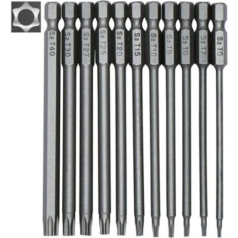 Jeu de 11 embouts longs Torx pour tournevis et visseuse électrique - Embouts magnétiques - Tige hexagonale de 1/4" - Tailles T6 à T40 - Longueur 100 mm