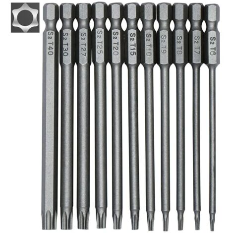 Jeu de 11 embouts longs Torx pour tournevis et visseuse électrique - Embouts magnétiques - Tige hexagonale de 1/4" - Tailles T6 à T40 - Longueur 100 mm-LIAIKI