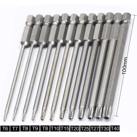 Jeu de 11 embouts Torx longs pour tournevis et visseuses électriques - Embouts magnétiques - Tige hexagonale 1/4" - Tailles T6 à T40 - Longueur 100 mm