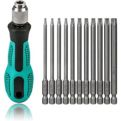 Jeu de 11 tournevis Torx, 100 mm – Acier S2 – Embouts magnétiques T6-T40 – Compatible avec les visseuses et perceuses électriques-AquaForge