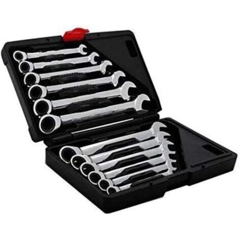 Jeu de 12 clés à cliquet à extrémité ouverte, 8-19 mm, angle de rotation de 5°, 72 dents, chromées et polies.