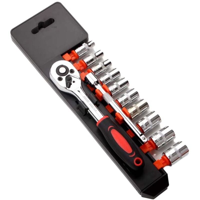 Jusch - Jeu de 12 clés à cliquet de 6,35 mm, jeu d'outils de mécanicien et jeu de douilles avec poignée à cliquet bidirectionnel à dégagement rapide