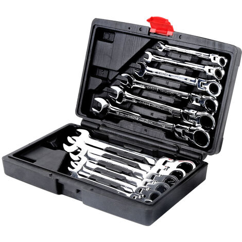 Jeu de 12 clés mixtes à cliquet 8-19 mm – Acier chromé – Coffret de rangement – 5 angles de rappel pour accès difficile – Jeobest