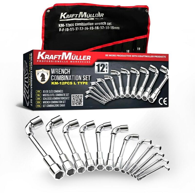 Coffret 13 clés de 8 à 32 mm à cliquet articulé Kraft Müller,  Chrome-Vanadium, tête flexible 180°, Mécanicien, Garagiste