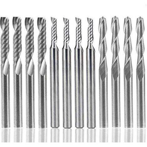 Jeu de 12 fraises en carbure, 4 fraises CNC à deux dents (3,175 mm) + 8 fraises à une seule dent (2 versions) pour nylon, résine, ABS, acrylique, PVC, MDF et bois